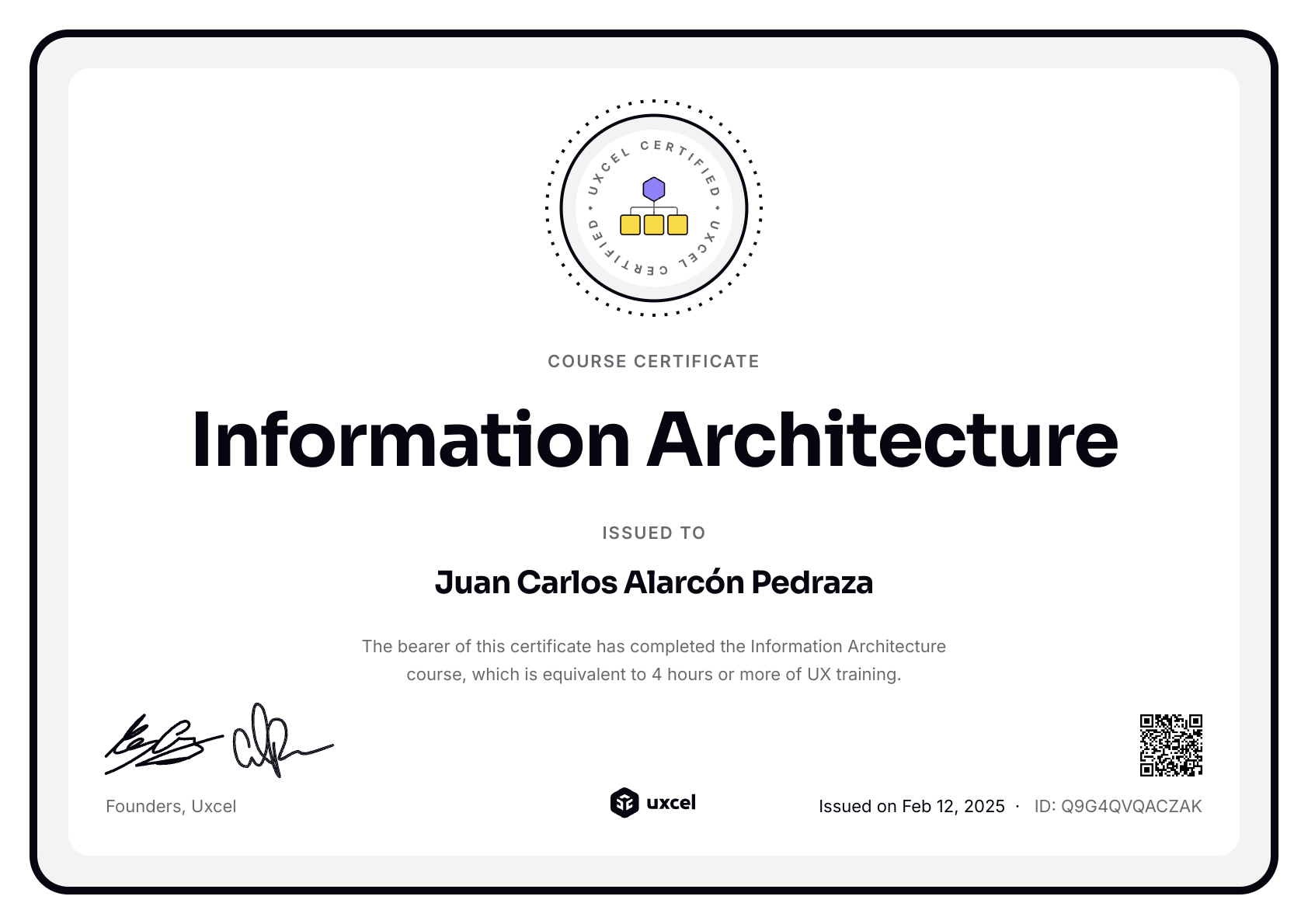Juan Carlos Alarcón Pedraza's certificate